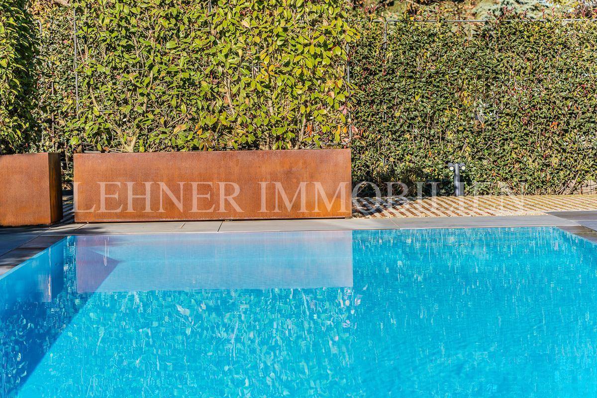 Poolbereich mit klarem Wasser, umgeben von einer grünen Hecke und modernen Pflanzkübeln.