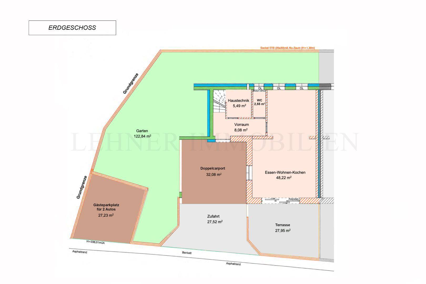 Grundriss des Erdgeschosses mit offenem Wohn-Ess-Kochbereich, Garten, Terrasse und Doppelcarport.