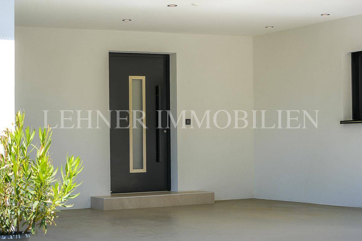Moderner Eingangsbereich mit dunkler Haustür und heller Wandgestaltung, einladend und schlicht.