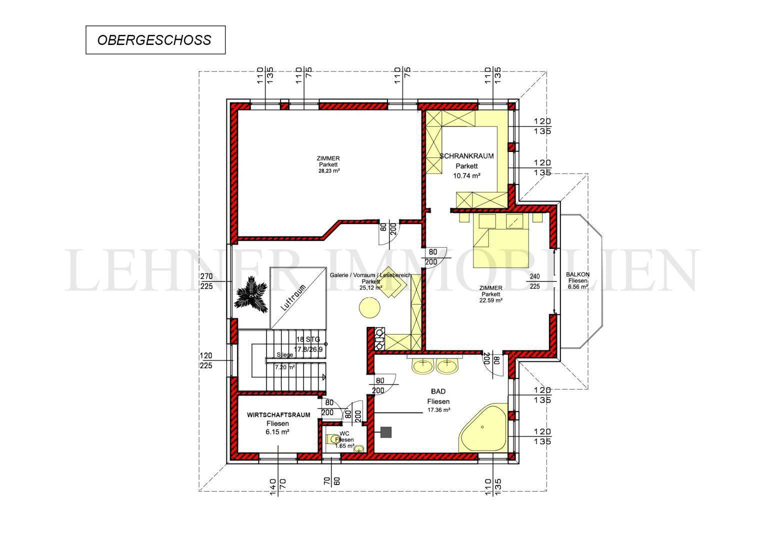 Grundriss des Obergeschosses mit Schlafzimmern, Bad, separatem WC und Balkon.