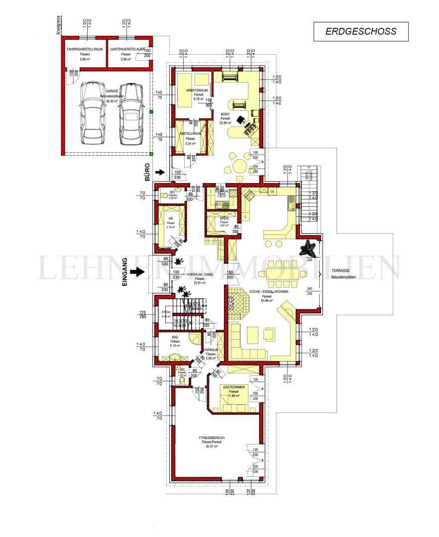 Grundriss des Erdgeschosses mit offenem Wohnbereich, Küche, Büro, Gästezimmer und Doppelgarage.