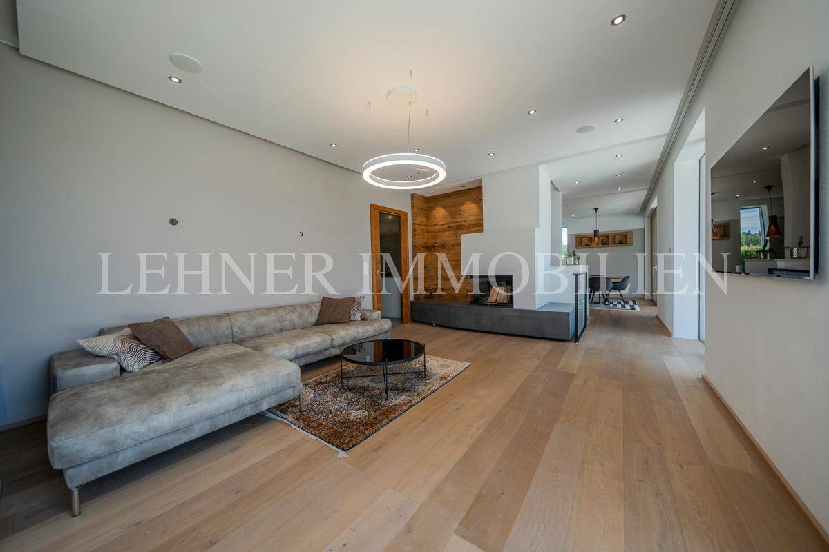 Modernes Wohnzimmer mit gemütlichem Kamin, bequemer Couch und Holzboden.