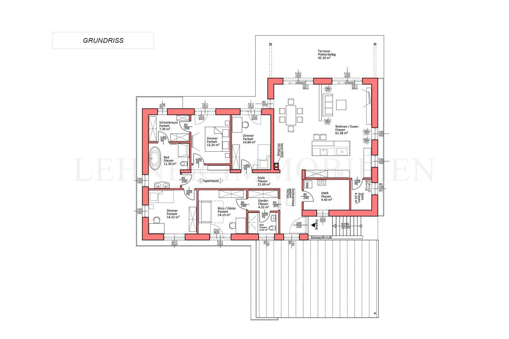 Detaillierter Grundriss des Erdgeschosses mit Wohnbereich, Schlafzimmern und großer Terrasse.
