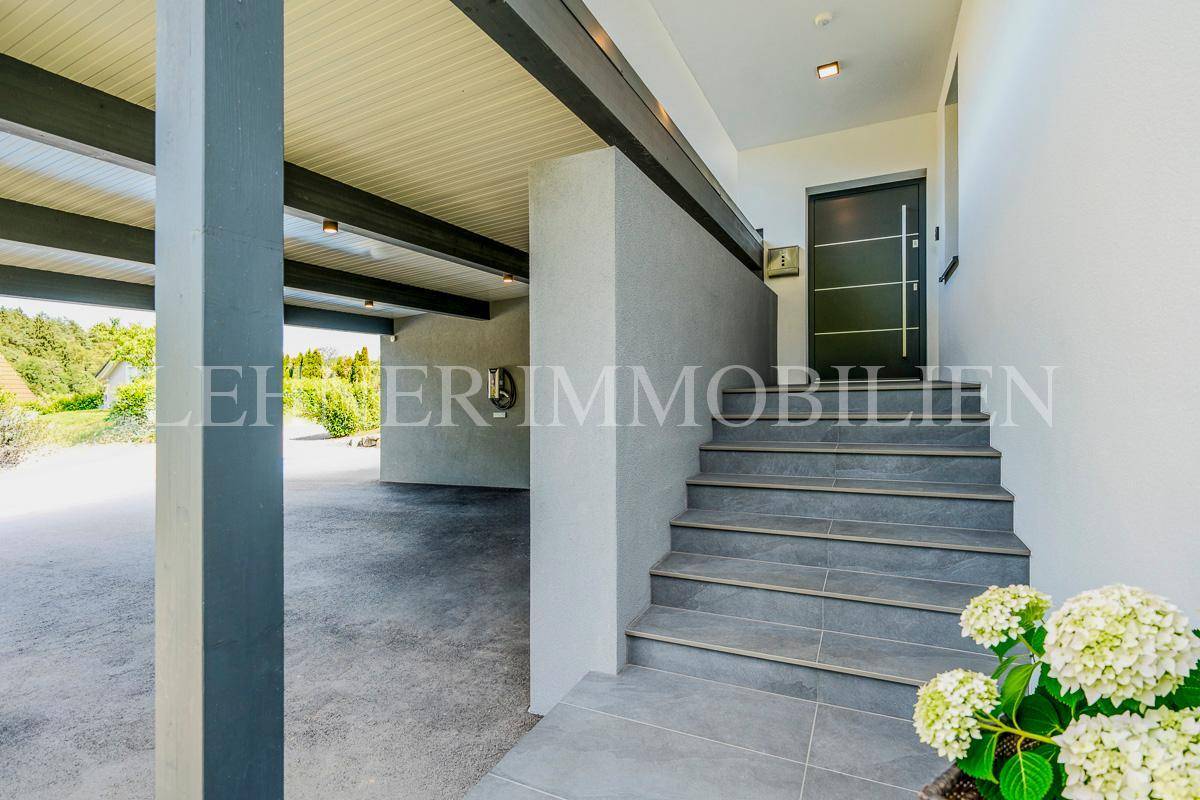 Eingangsbereich mit Steintreppe und Zugang zum überdachten Carport des Hauses.