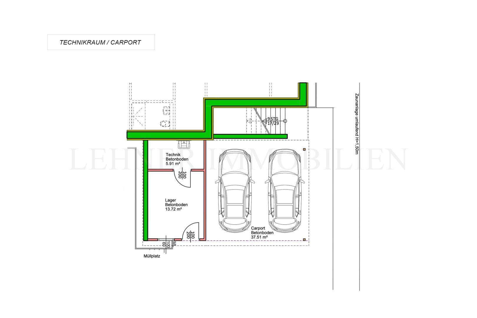 Grundriss des Technikraums und Carports mit zwei Stellplätzen.