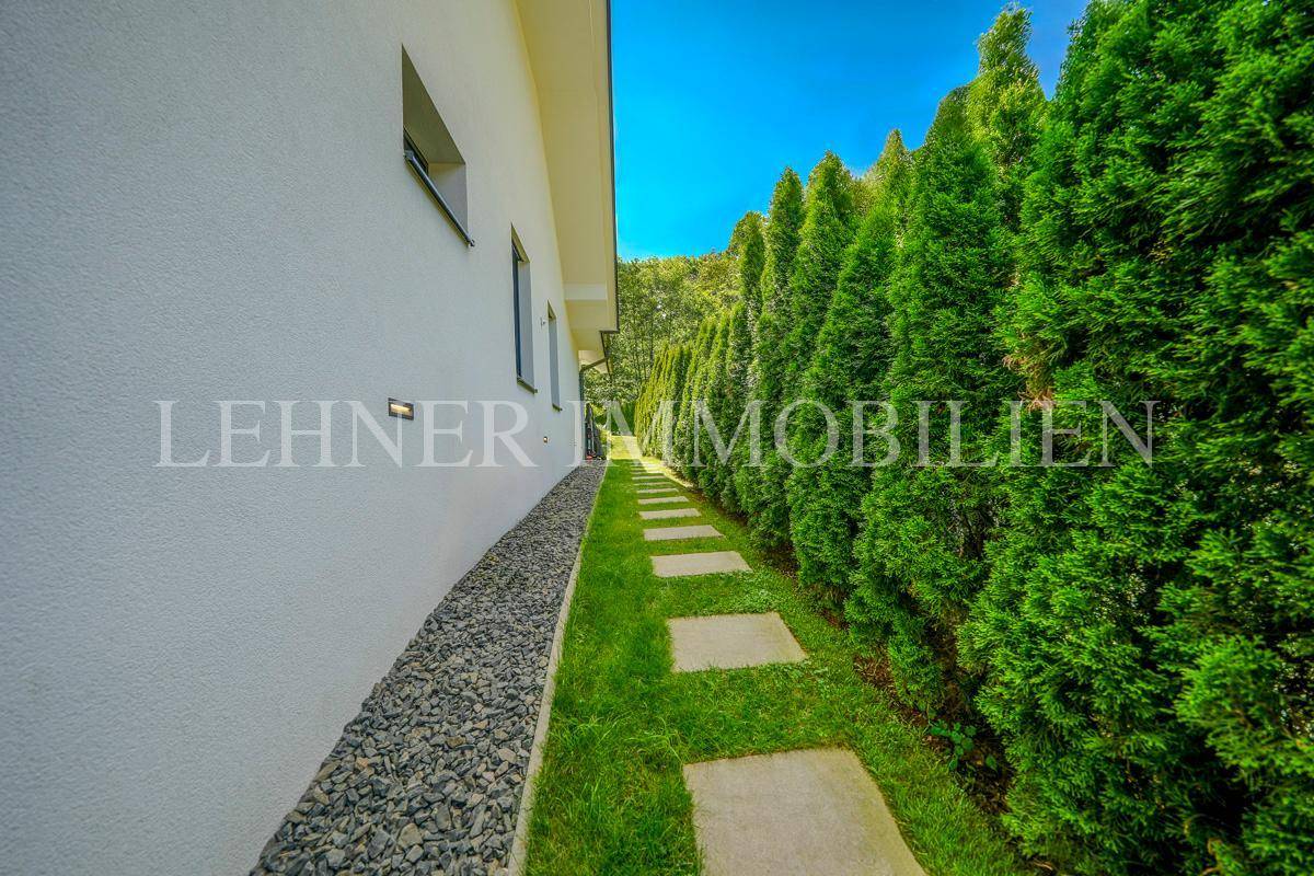Schmaler Gartenweg entlang der Hauswand mit hoher Hecke für Privatsphäre.