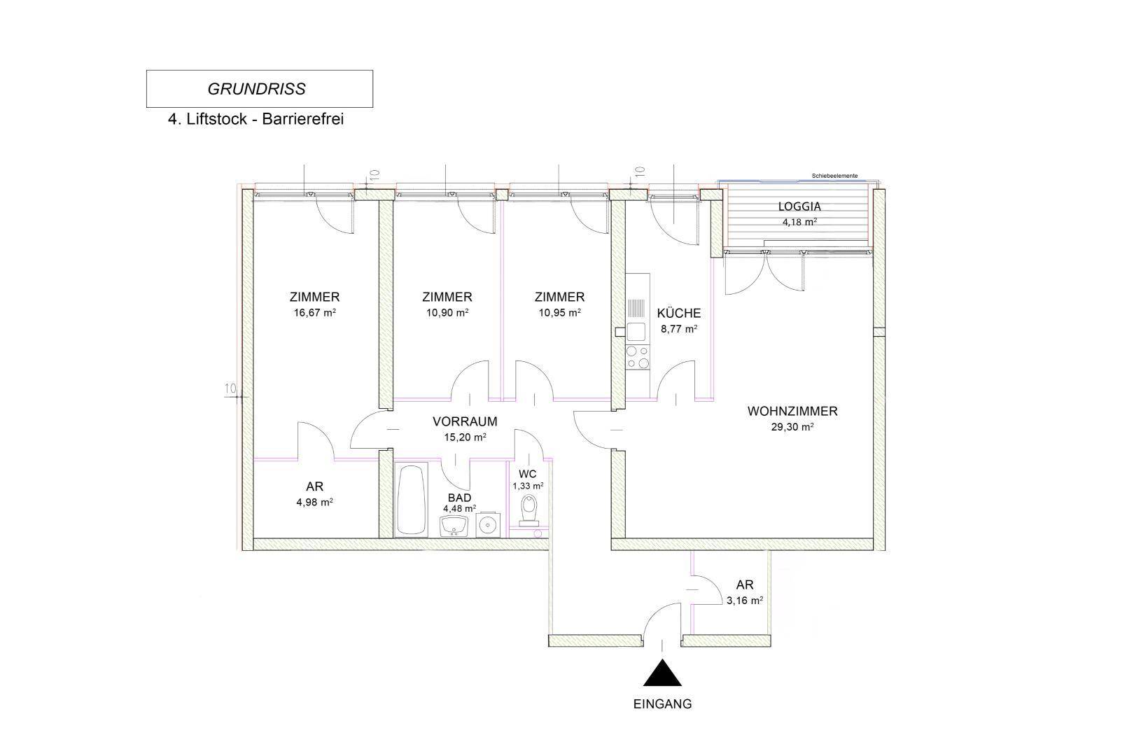 Grundriss der barrierefreien Wohnung im 4. Liftstock mit Loggia und drei Zimmern.