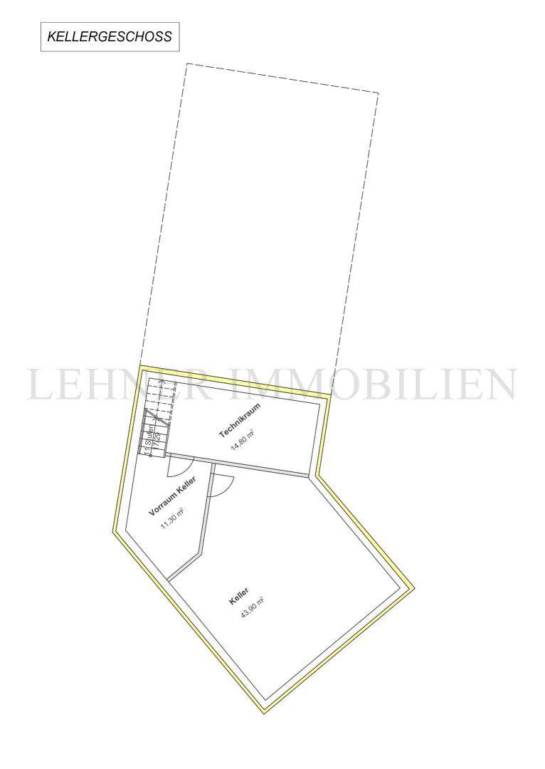 Grundriss des Kellergeschosses mit Technikraum, Vorraum und großem Kellerraum für Lagerung.