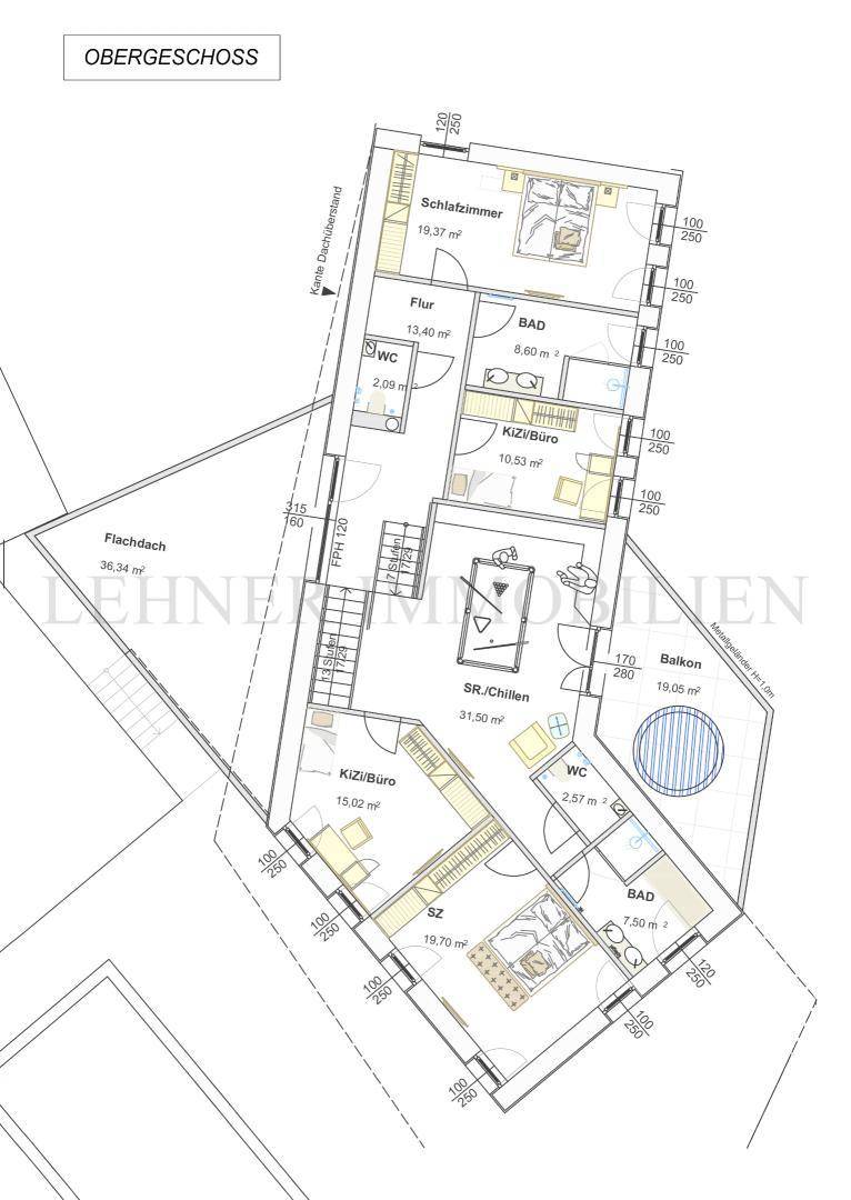 Grundriss des Obergeschosses mit Schlafzimmern, Bädern, Balkon und weiteren Wohnbereichen.