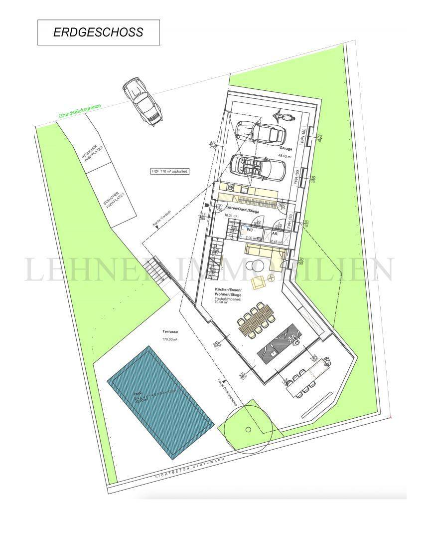 Grundriss des Erdgeschosses mit offenem Wohnbereich, Küche, Garage, Terrasse und Pool.