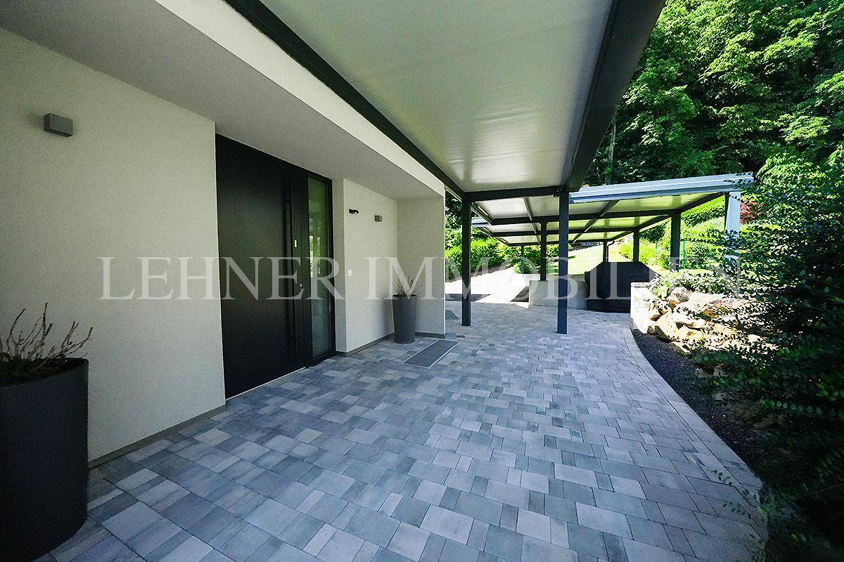 Gepflasterter Eingangsbereich mit überdachtem Carport und Zugang zum Haus.