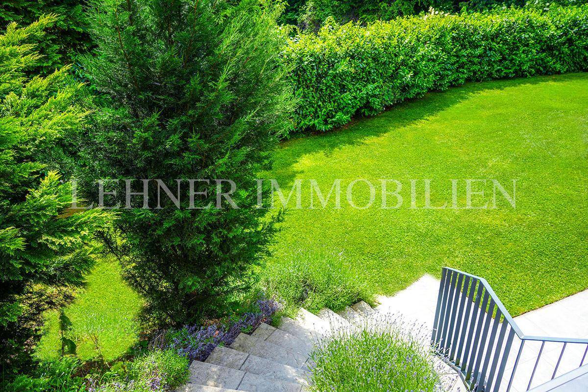 Gepflegte Rasenfläche mit Steintreppe, umgeben von üppiger Bepflanzung.