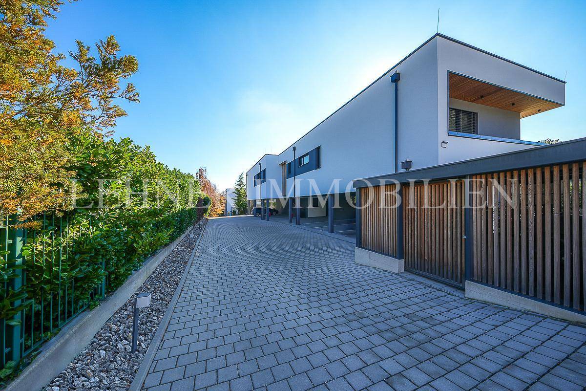Zufahrtsweg zu modernen Reihenhäusern mit gepflasterter Fläche und Holzelementen.