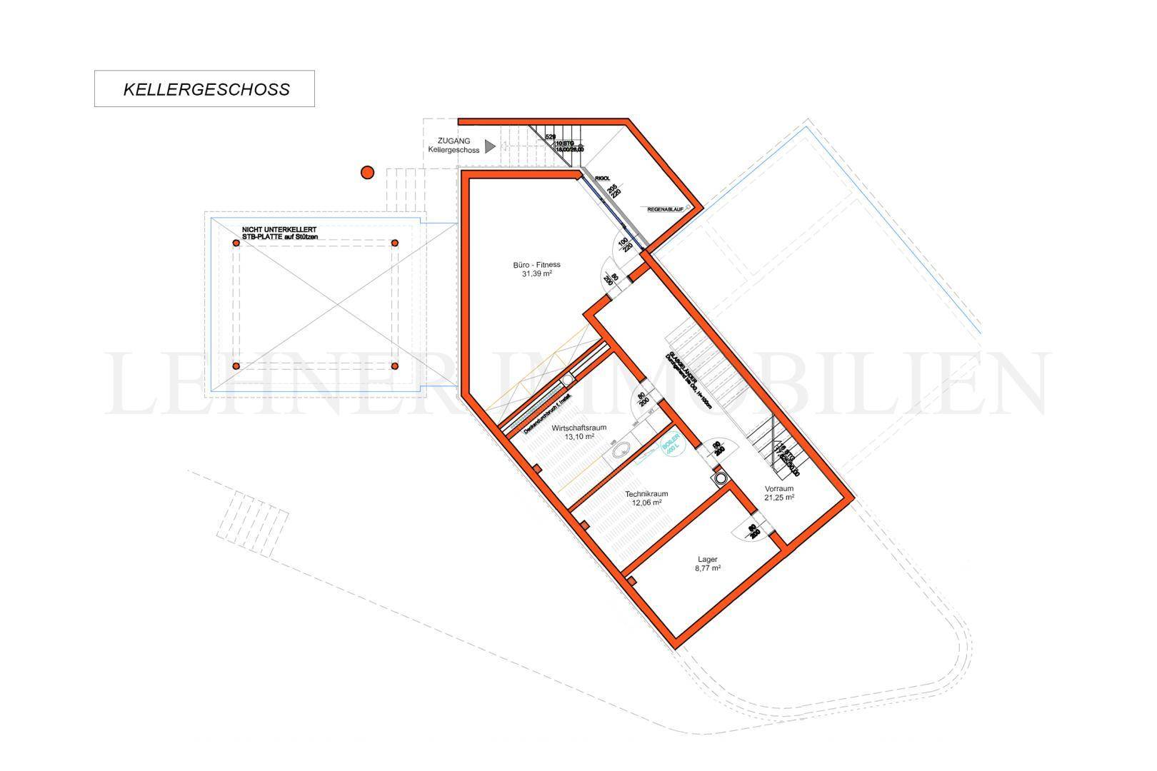 Grundriss des Kellergeschosses mit Fitnessraum, Wirtschaftsraum und Abstellräumen.