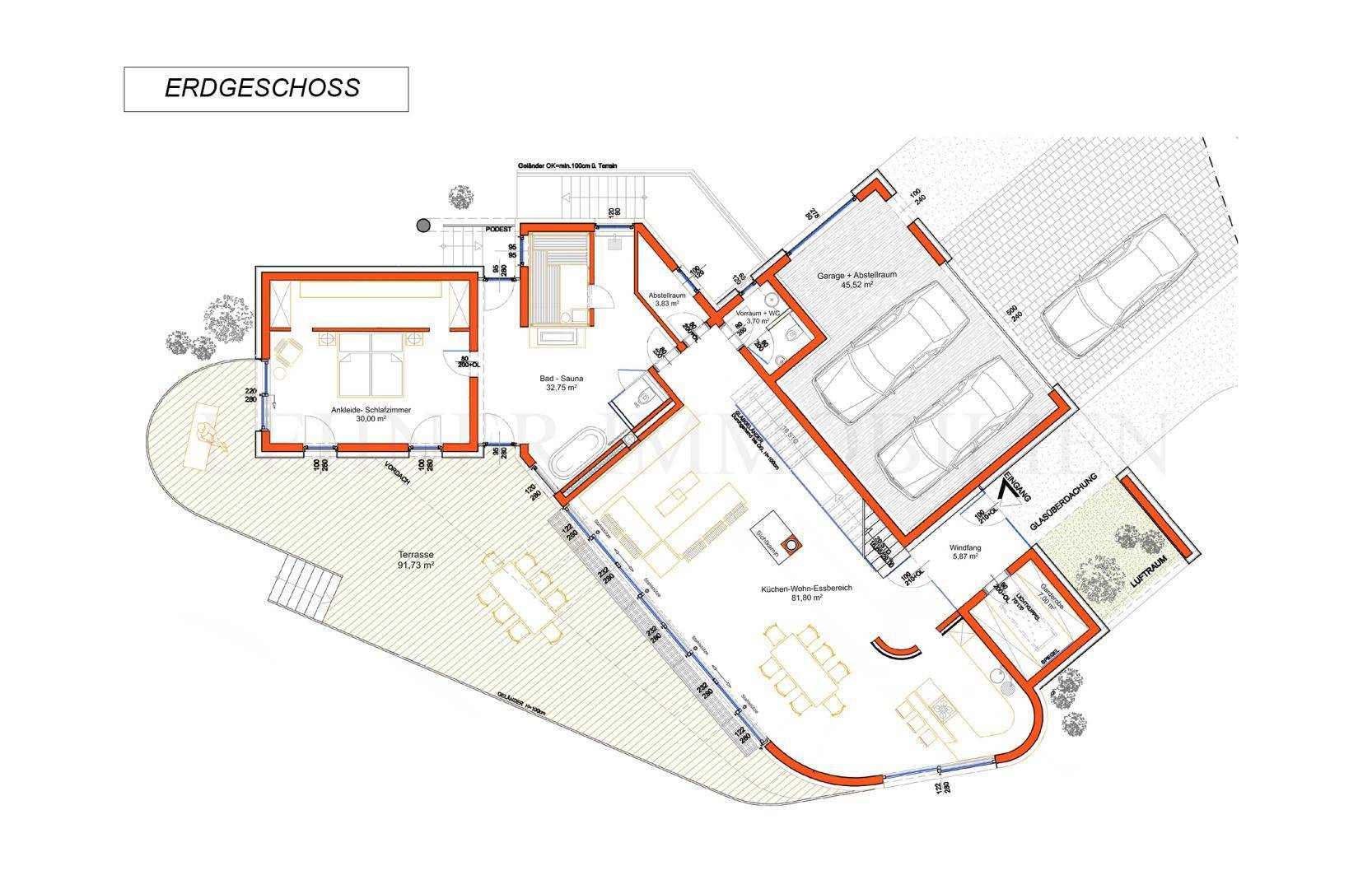 Grundriss des Erdgeschosses mit offenem Wohnbereich, Küche, Garage und Terrassenzugang.