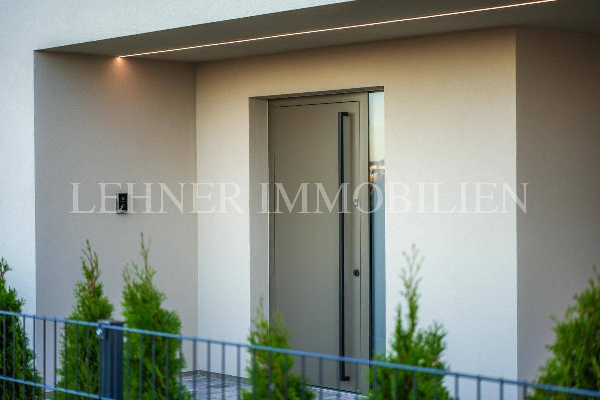 Moderne Eingangstür mit schlichtem Design und seitlichem Glaselement.