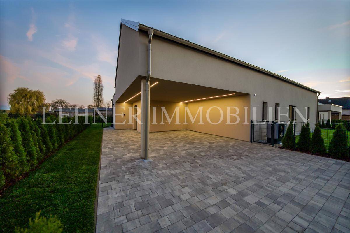 Überdachter Carport-Bereich mit gepflasterter Einfahrt und grüner Hecke in der Abendstimmung.