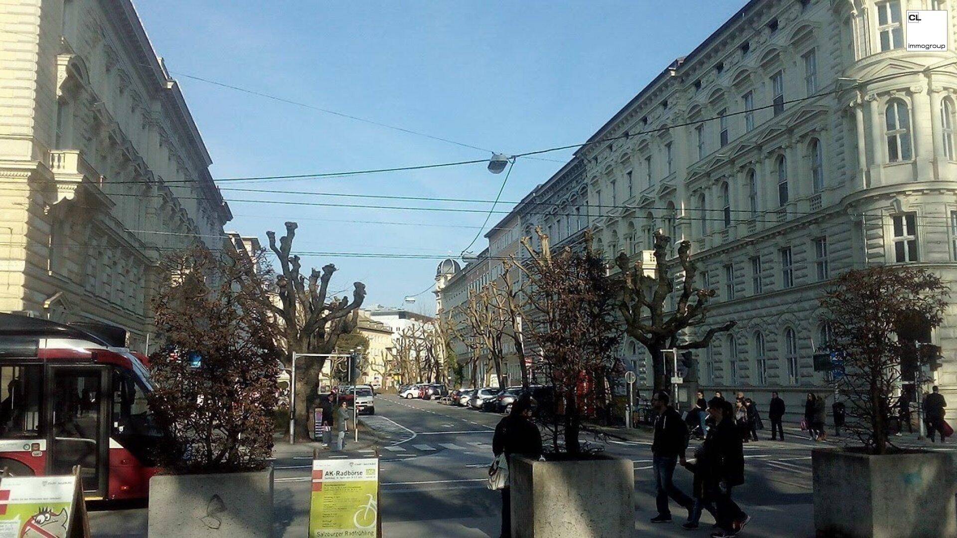 Eine belebte Stadtstraße mit historischen Gebäuden und Bäumen unter blauem Himmel.