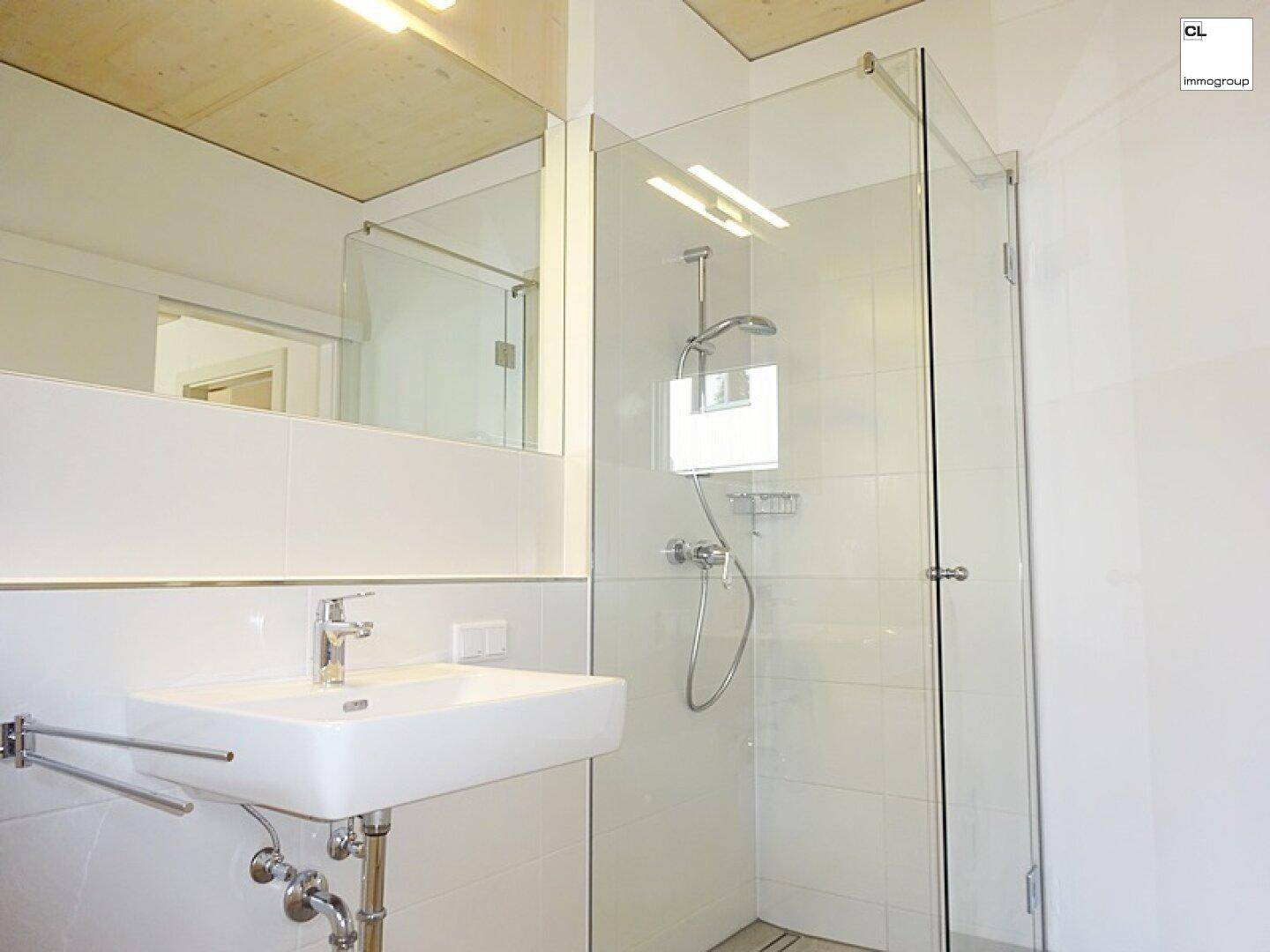 Modernes Badezimmer mit ebenerdiger Dusche, Einzelwaschbecken und großem Spiegel.