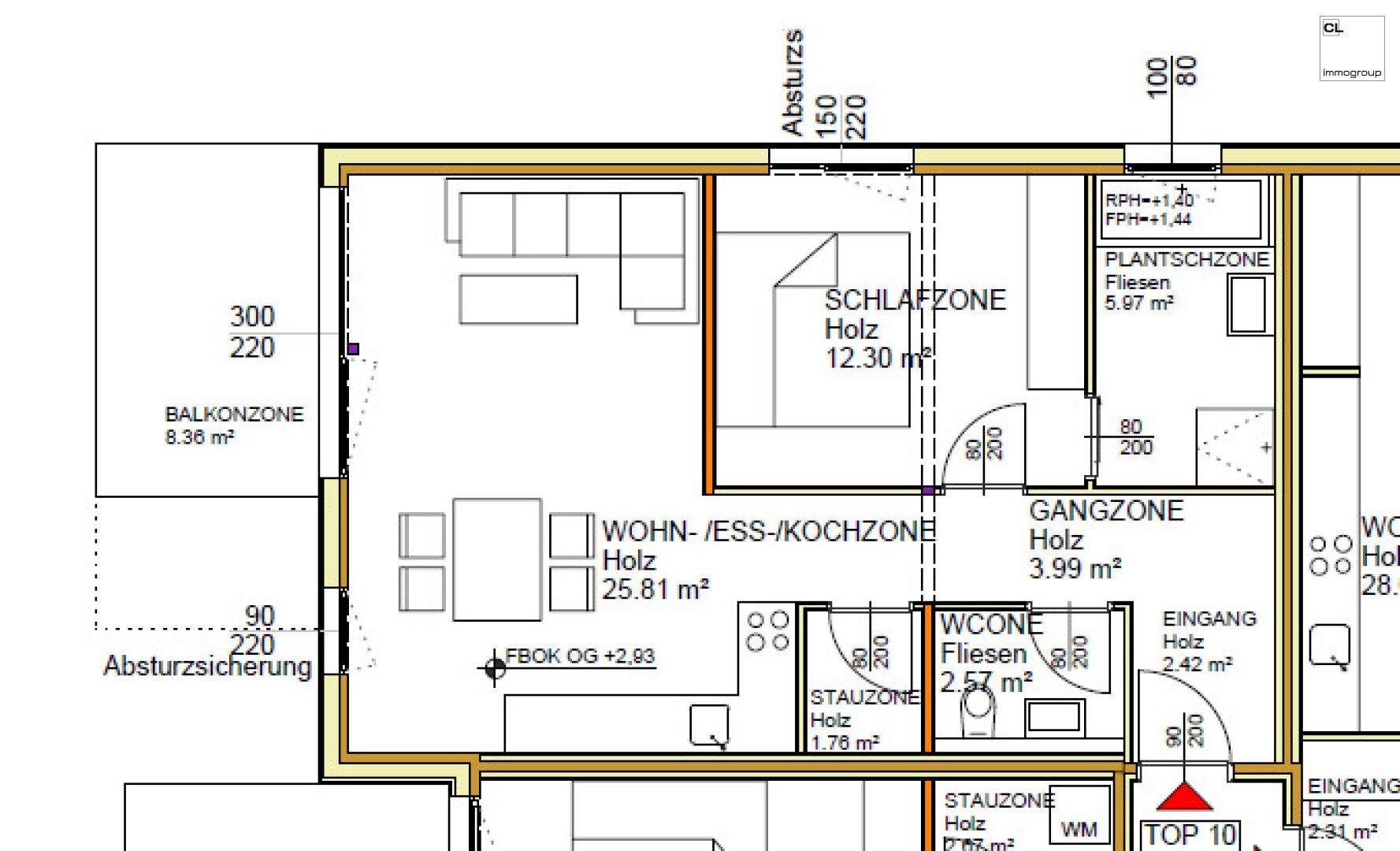 Detaillierter Grundriss mit Balkon, offener Wohnküche, Schlafzimmer und WC-Bereich.