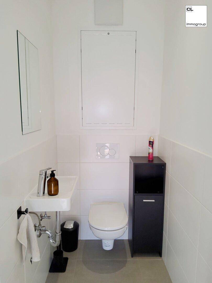 Kleines Gäste-WC mit wandhängender Toilette und modernem Waschbecken.