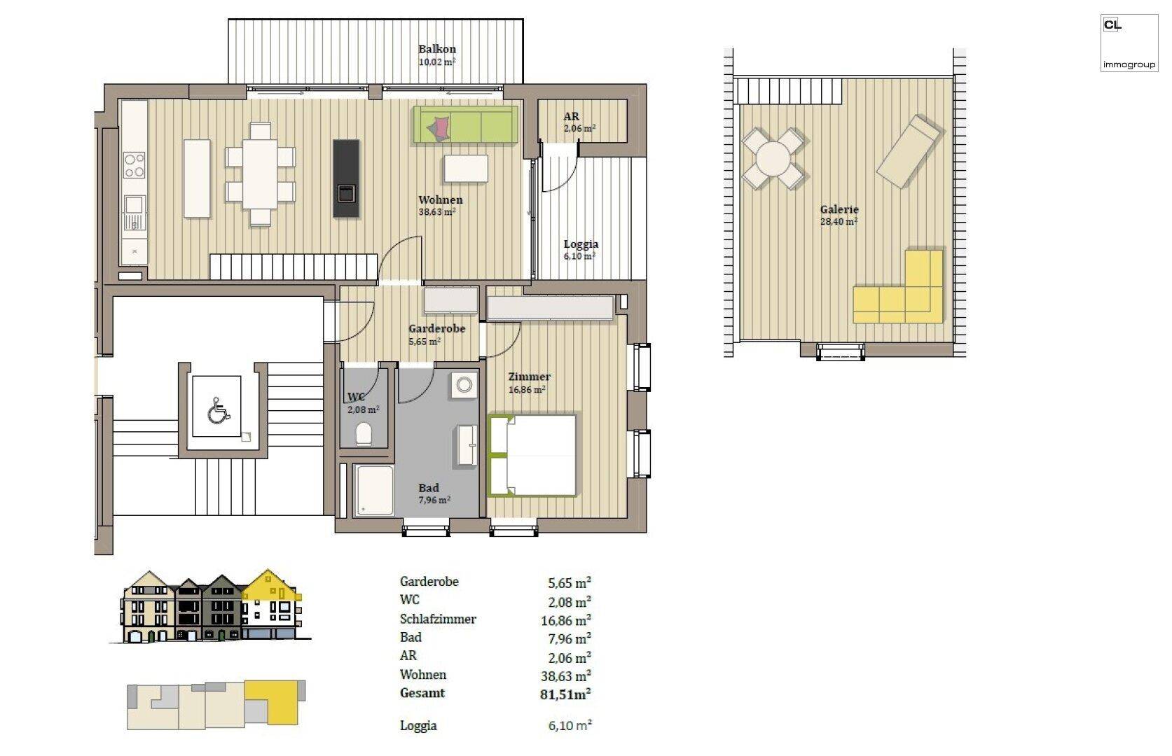 Detaillierter Grundriss der Wohnung mit Wohnbereich, Schlafzimmer und Balkon.