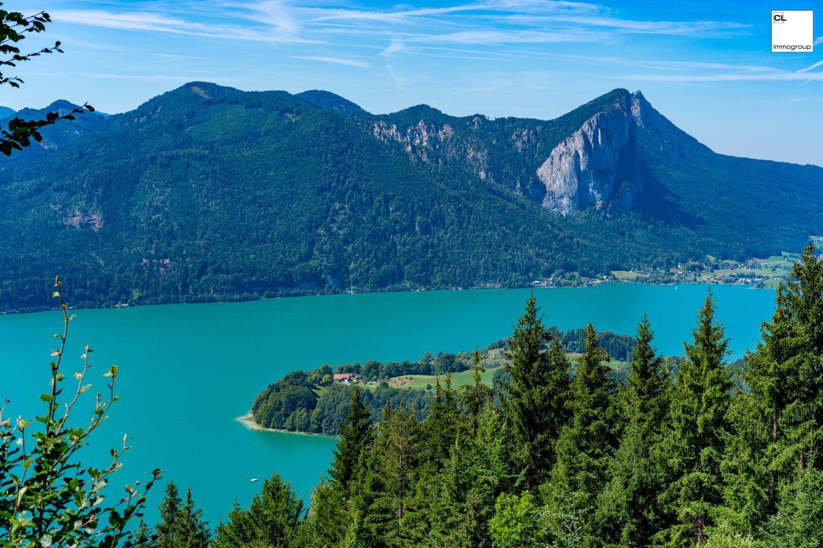 Atemberaubende Luftaufnahme eines türkisfarbenen Sees, umgeben von dichten Wäldern und imposanten Bergen.