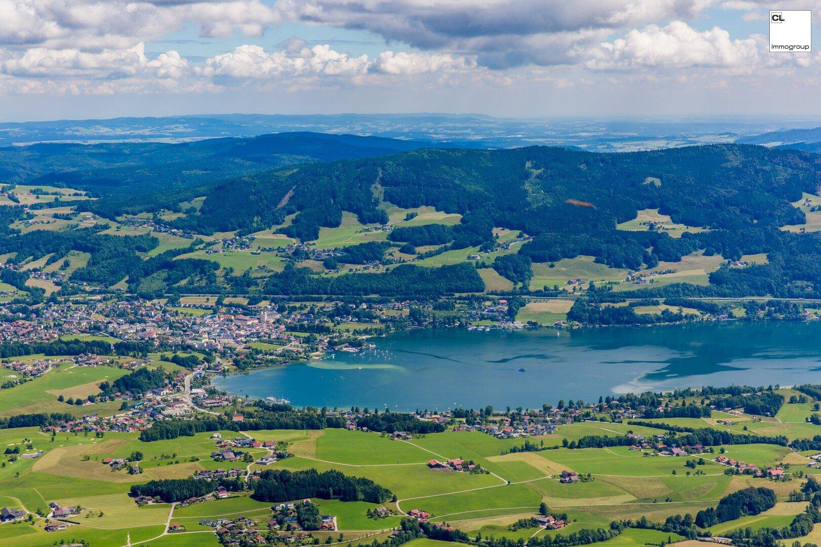 Panoramische Luftaufnahme eines Sees mit einer Stadt am Ufer und ausgedehnten grünen Feldern und Wäldern.