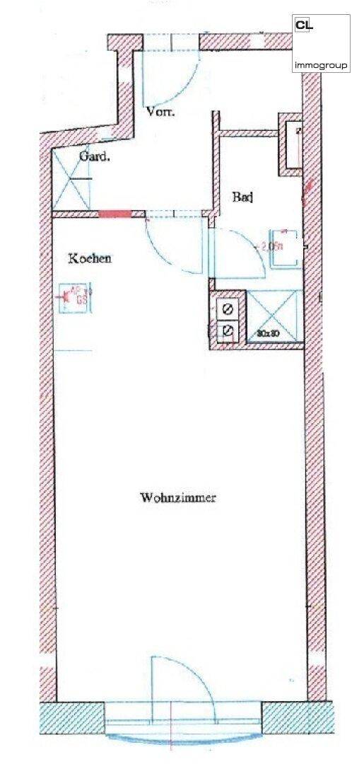 Plan zu Helle, schöne und zentral gelegene Garconniere in Herzen von Bad Ischl; 38 m²; nahe Kurpark; (c) CL-immogroup, www.CL-immogroup.at