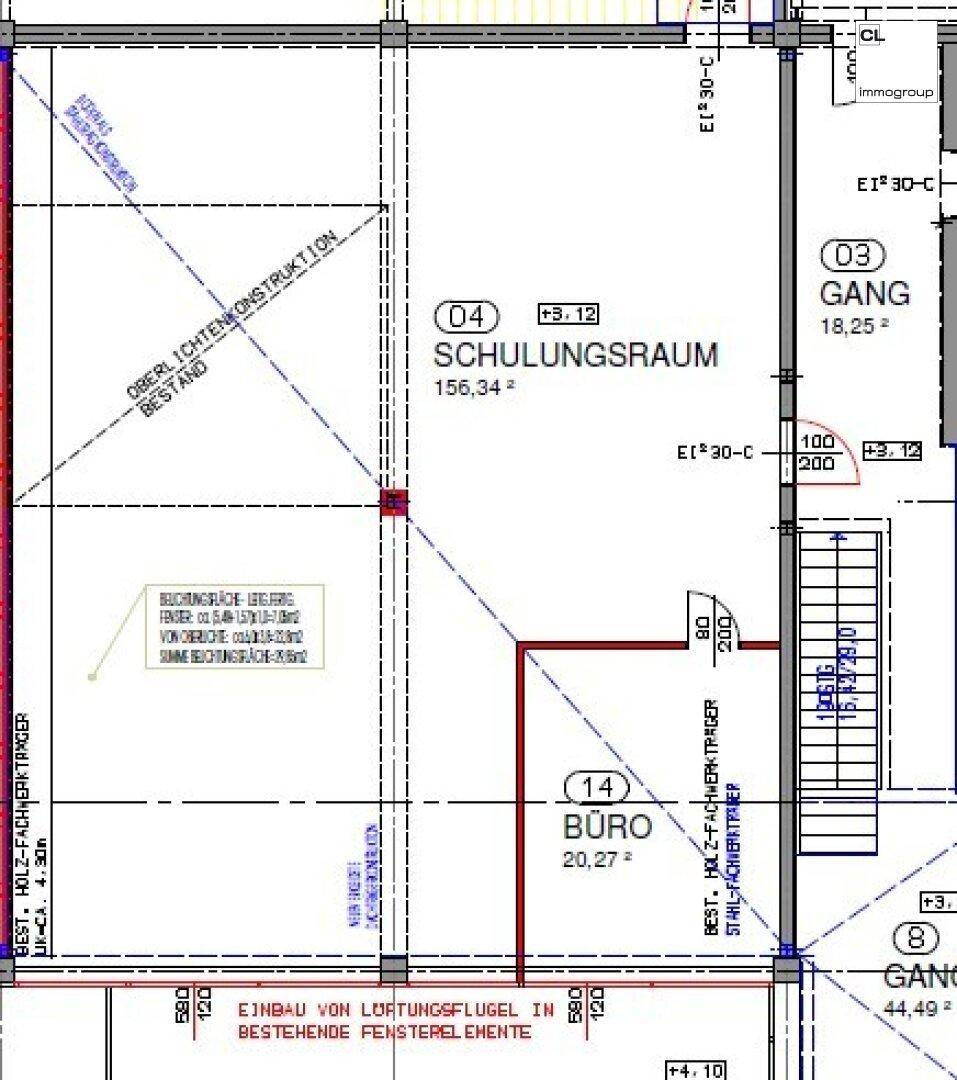 Detaillierter Grundriss mit Schulungsraum und Büroflächen, inklusive Maßen und Konstruktionsdetails.