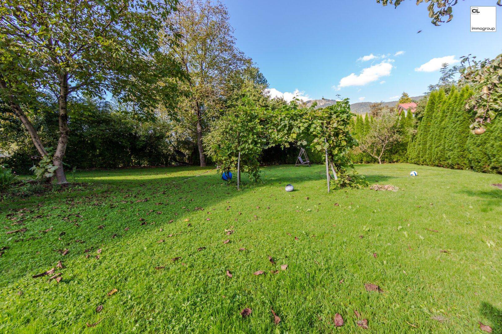 Großer Garten mit Rasenfläche, hohen Bäumen, Hecken und einem kleinen Spielbereich unter blauem Himmel.