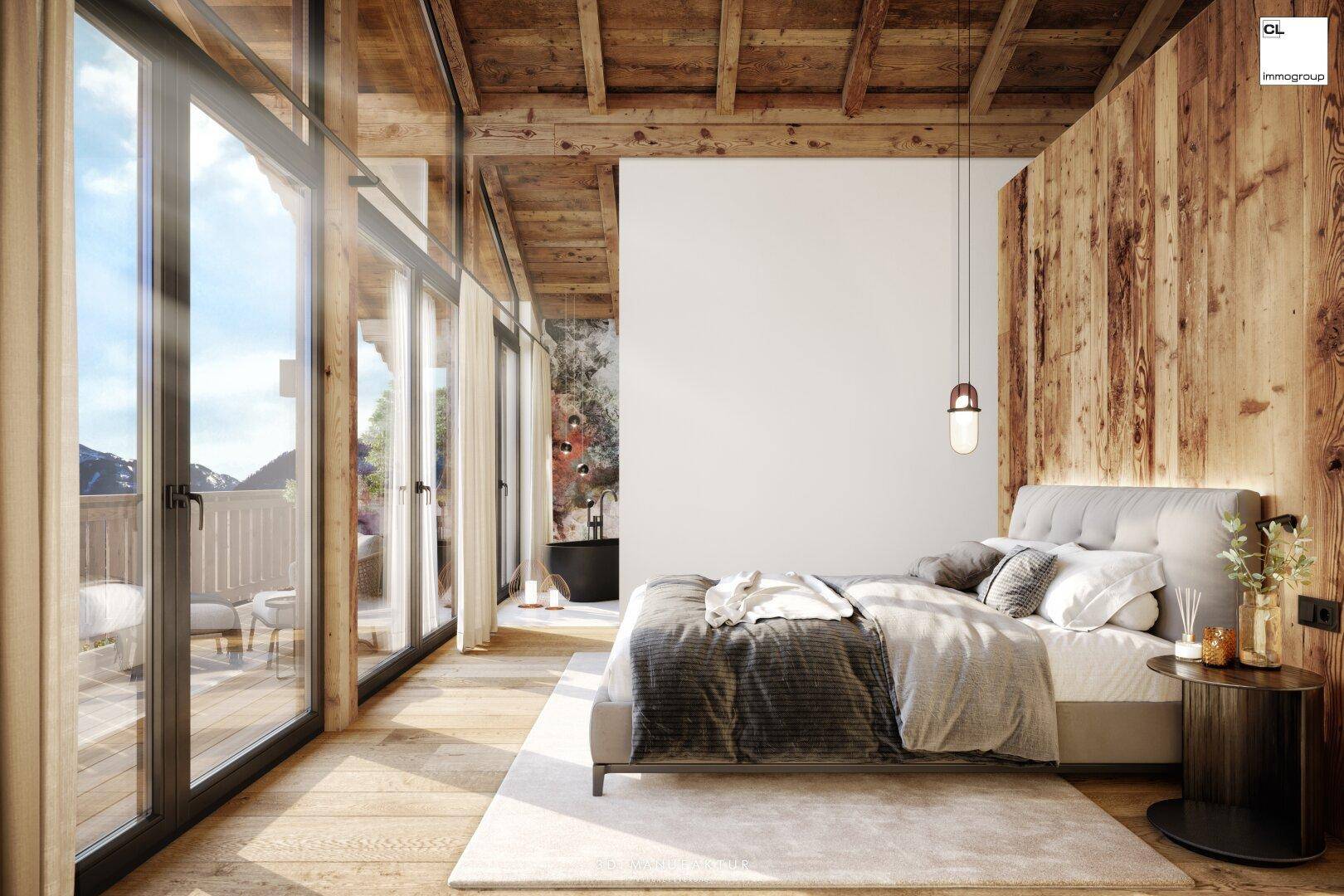Helles Schlafzimmer im modernen Chalet-Stil mit Holzbalkendecke, großen Fenstern, Bergblick und Balkonzugang.