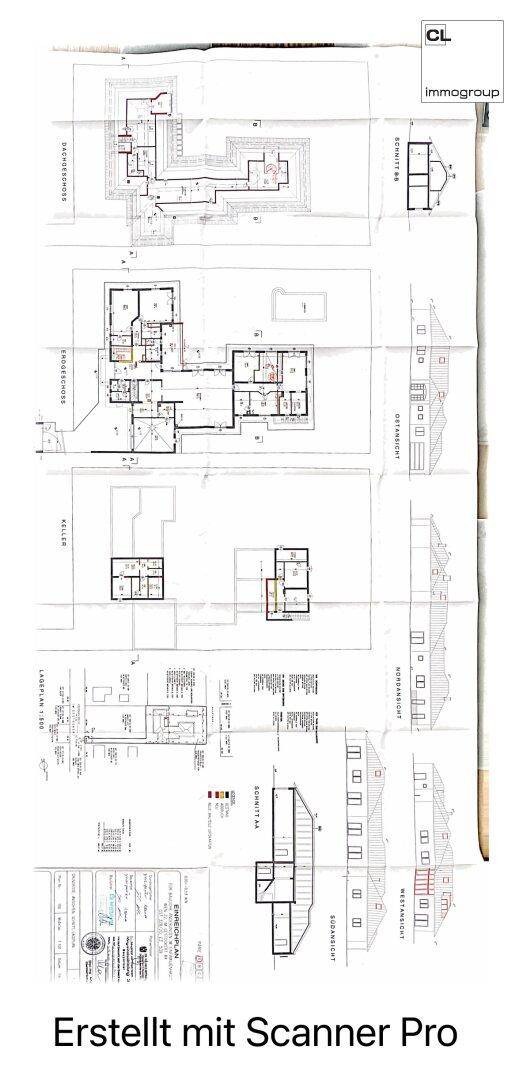 Übersicht der architektonischen Pläne mit verschiedenen Grundrissen, Schnitten und Ansichten des Gebäudes.