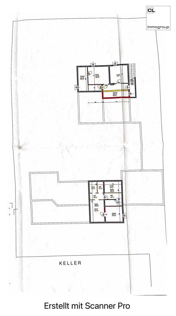 Grundriss des Kellergeschosses mit mehreren Abstellräumen und funktionalen Nutzflächen.