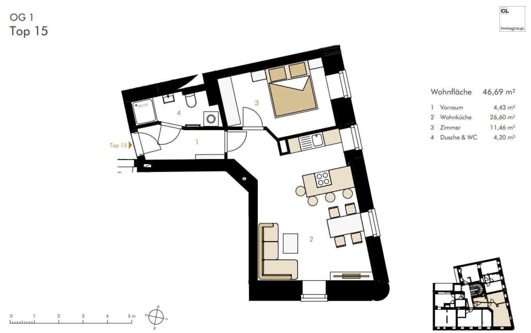 Grundriss der Wohnung Top 15 im ersten Obergeschoss mit offener Wohnküche.
