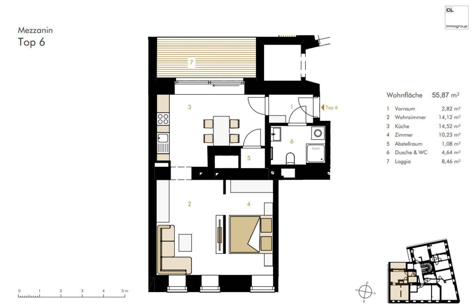 Grundriss der Wohnung Top 6 im Mezzanin mit Loggia und separatem Schlafzimmer.