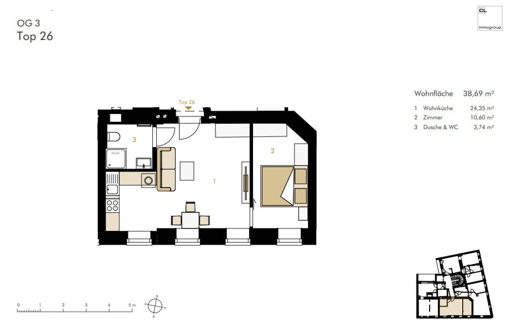 Grundriss der Wohnung Top 26 im dritten Obergeschoss mit kompakter Raumaufteilung.