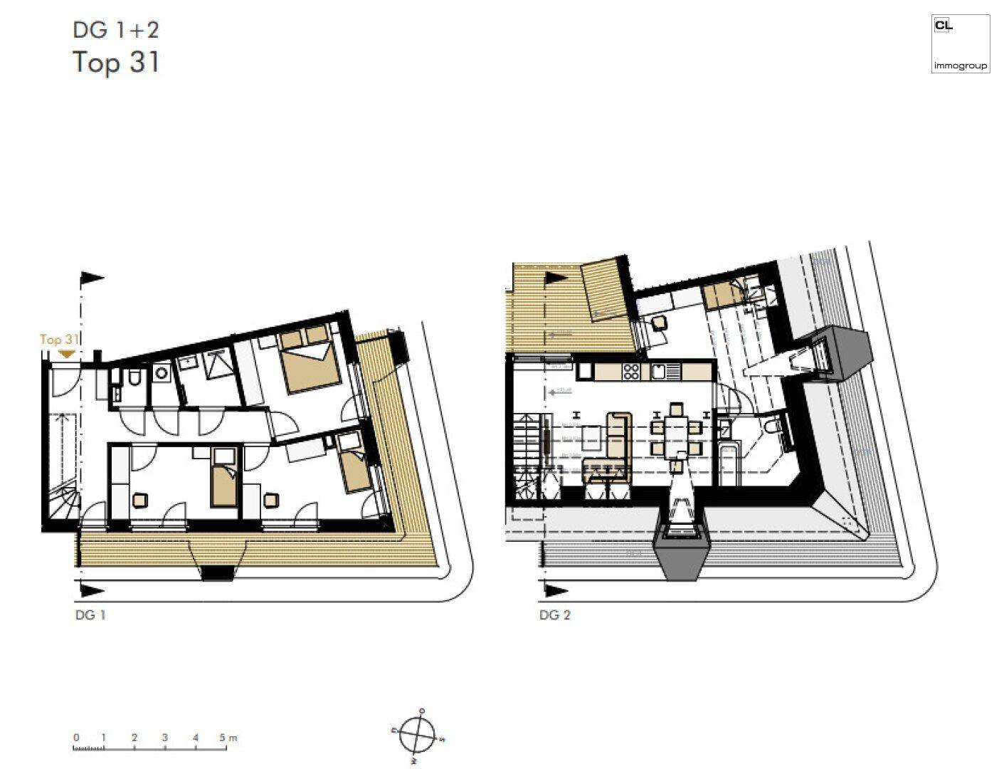 Grundriss der Maisonette-Wohnung Top 31 über zwei Dachgeschosse mit Dachterrasse.