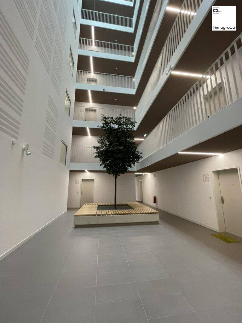 Moderner Innenhof eines Wohngebäudes mit Baum und mehreren Etagen, die durch offene Gänge verbunden sind.