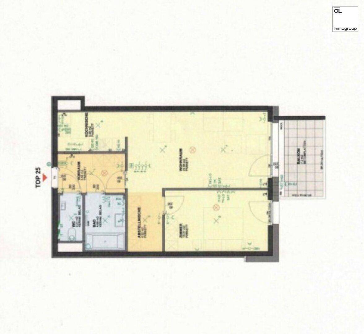 Detaillierter Grundriss einer Wohnung mit Balkon und separaten Räumen.