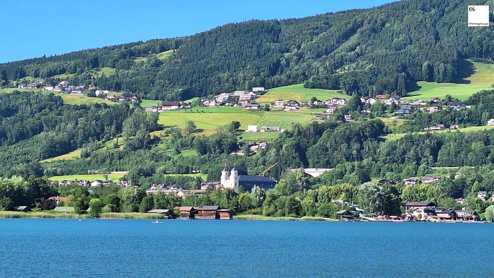 Malerischer Blick auf einen See mit bewaldeten Bergen und einem Dorf im Hintergrund.