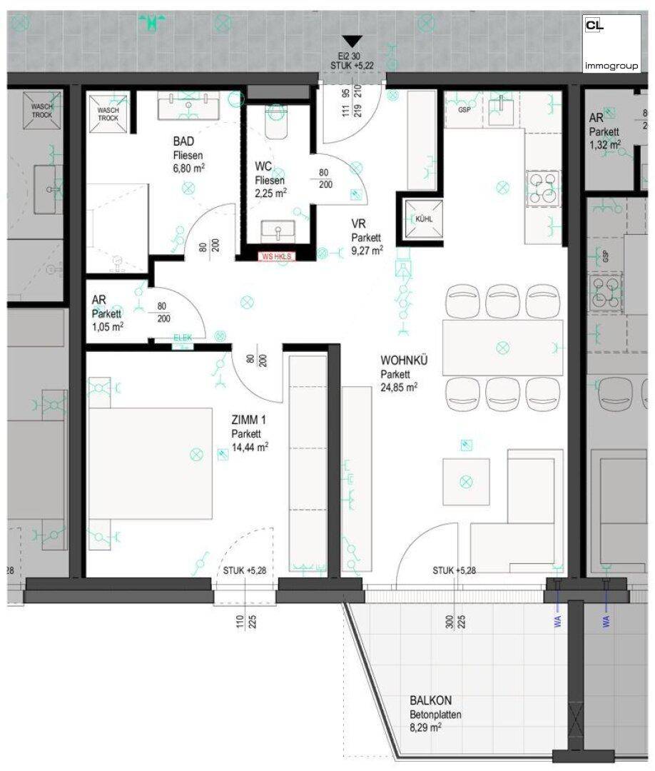 Grundriss einer modernen Wohnung mit offener Wohnküche, Schlafzimmer, Bad und Balkon.
