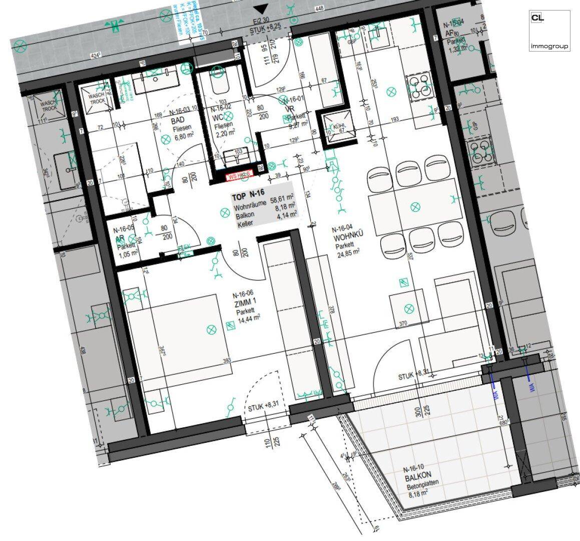 Grundriss der Wohnung mit offenem Wohnbereich, zwei Bädern und einem Balkon.