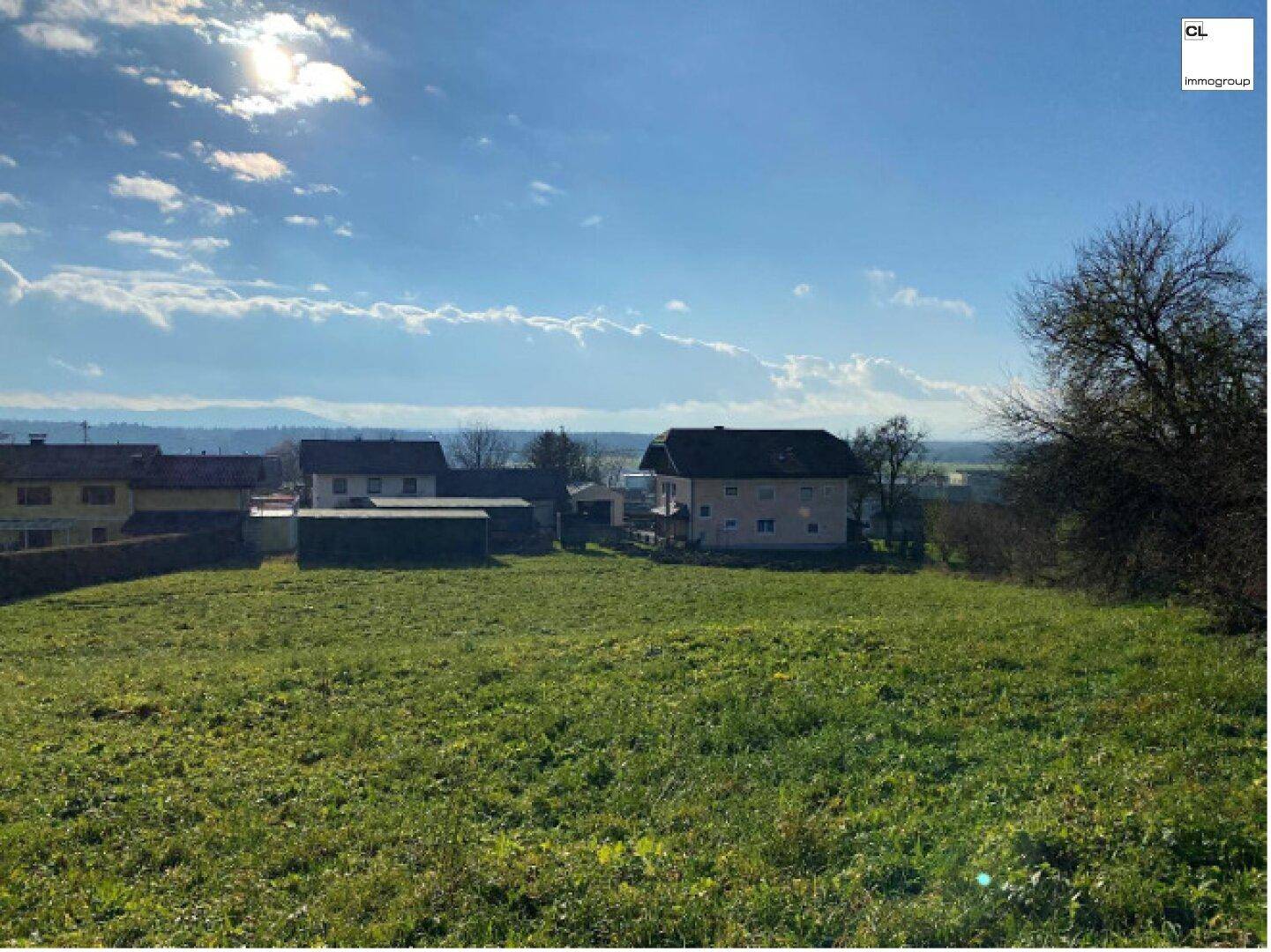 Weitläufige grüne Wiese mit Häusern im Hintergrund unter einem sonnigen Himmel.