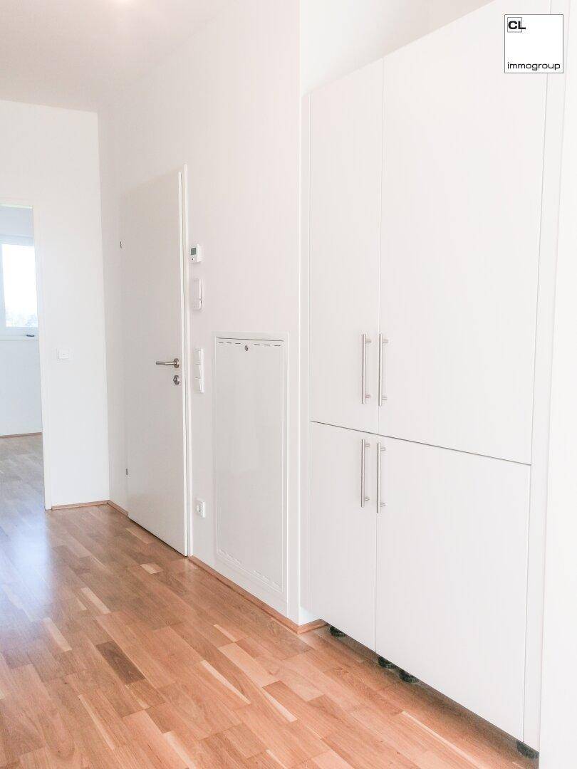 Heller Flur mit praktischen Einbauschränken und Holzboden, ideal für zusätzlichen Stauraum.
