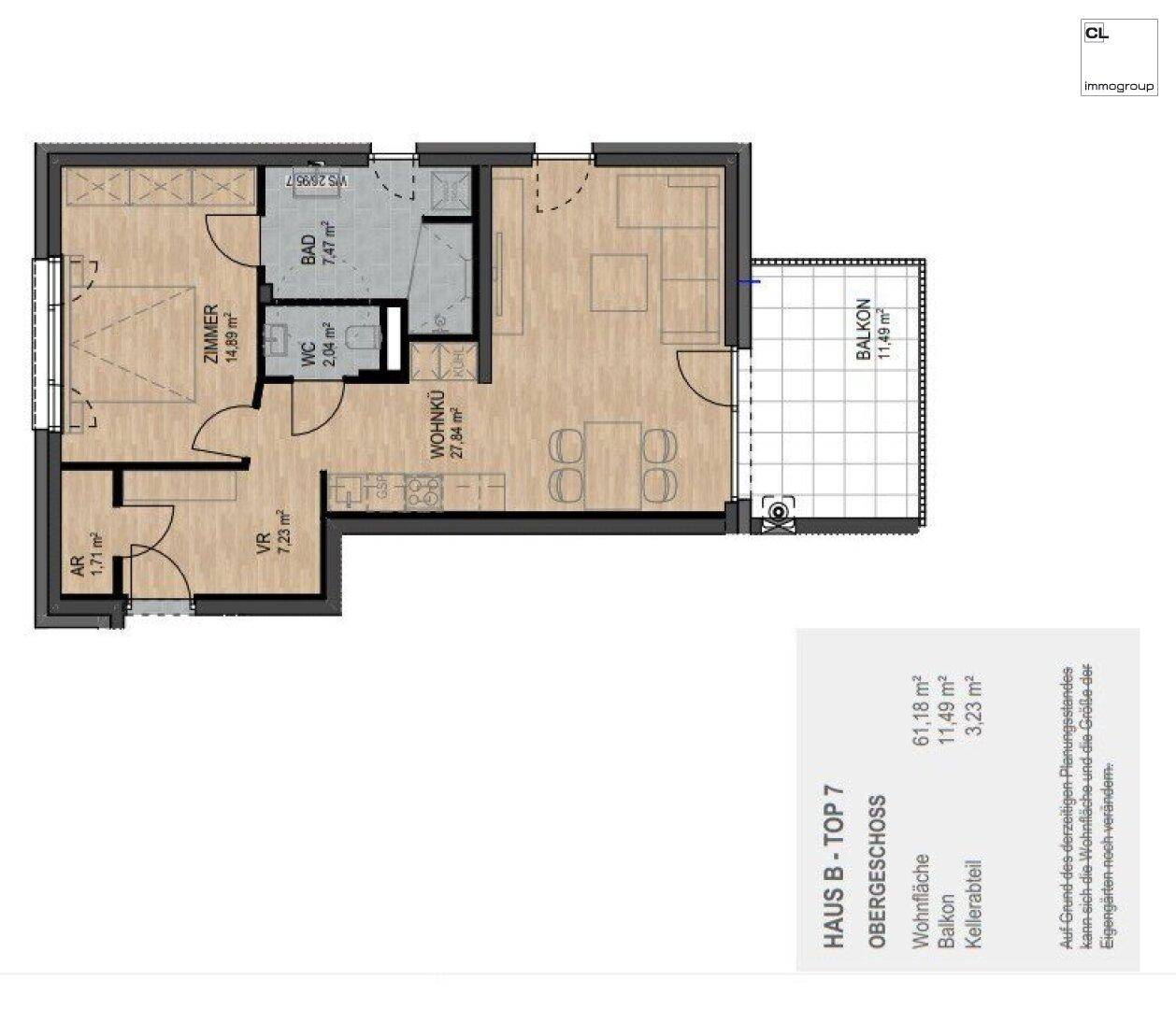Grundriss zeigt eine Wohnung mit Balkon, Bad, WC und offenem Wohnküchenbereich.