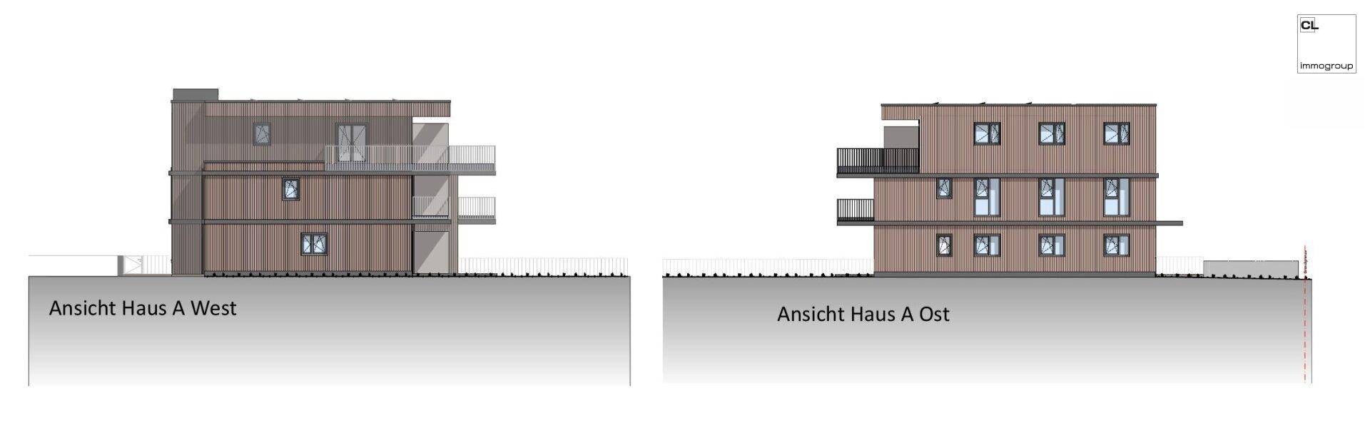 Architektonische Ansichten von Haus A (West und Ost) mit Balkonen und moderner Fassade.