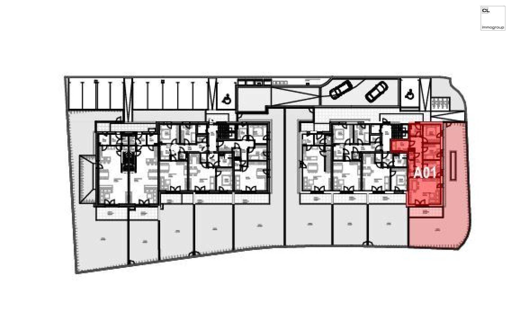 Übersichtsplan einer Etage mit mehreren Wohneinheiten und Tiefgaragenzugang, Einheit A01 hervorgehoben.