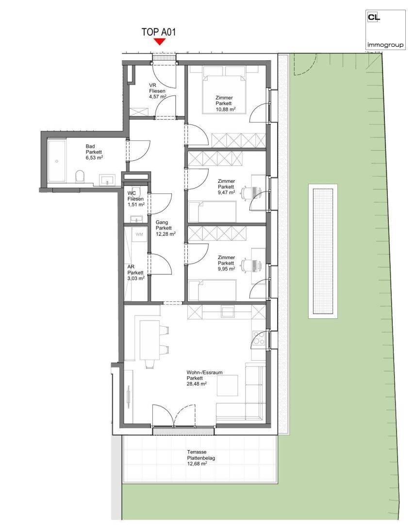 Detaillierter Grundriss der Einheit TOP A01 mit Wohn-Essraum, drei Zimmern und Terrasse.