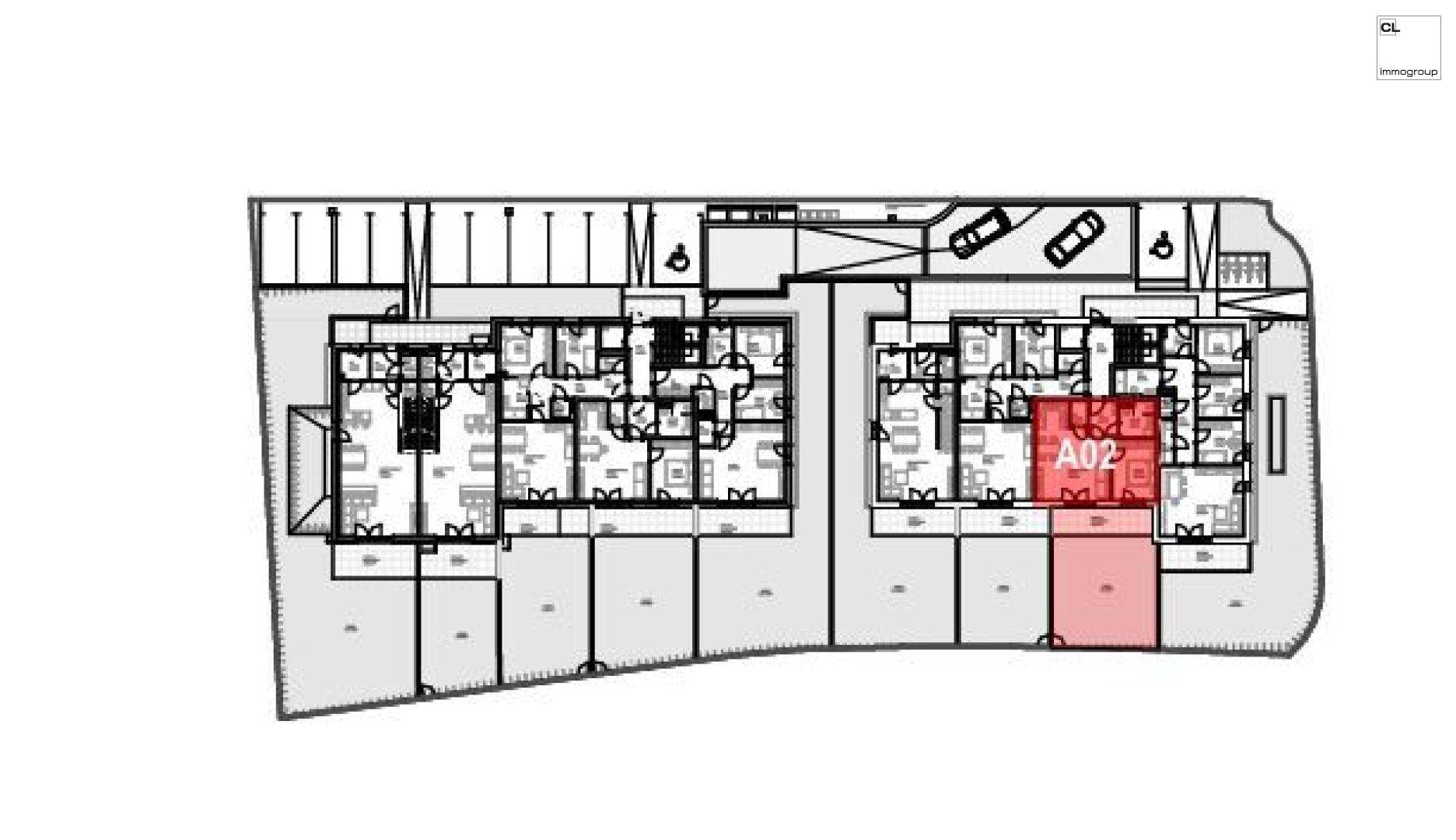 Übersichtsplan des Erdgeschosses mit mehreren Wohneinheiten, Terrassen und Zugang zur Tiefgarage.
